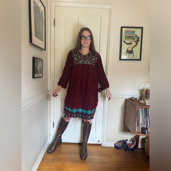 Vintage Red Velvet Ethnic Mini Dress - Picture 2 of 6